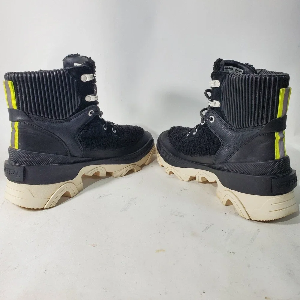 Sorel Boots Womens 9.5 Black White Shearling Brex Cozy Chunky Heel Lug Sole